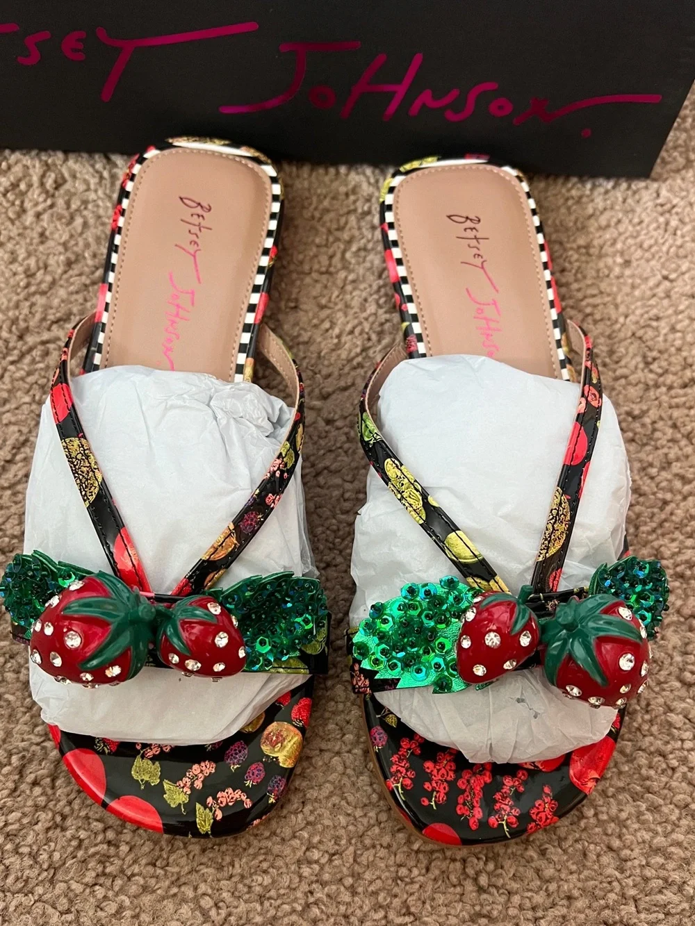 Betsey Johnson Garrik Black Strawberry Embellished Sandals